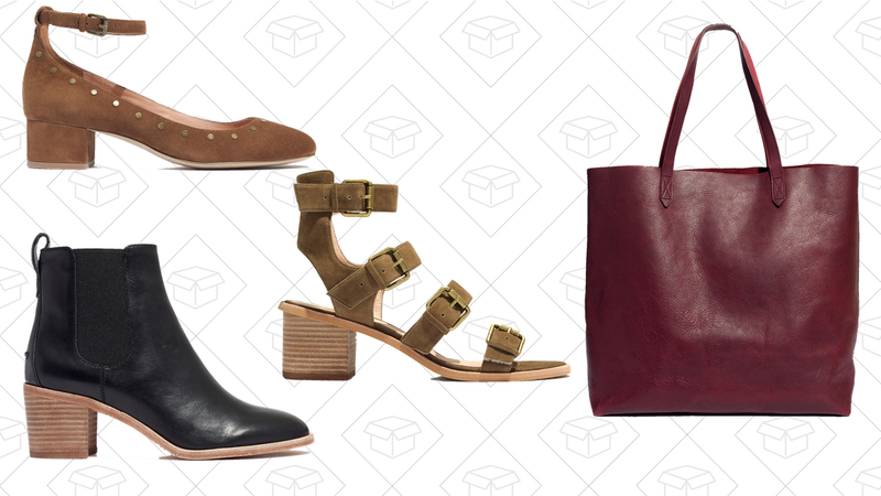 The Inez Stud Ankle-Strap Shoe, $110 | The Frankie Chelsea Boot, $160 | The Greta Gladiator Sandal, $110 | The Transport Tote, $135
